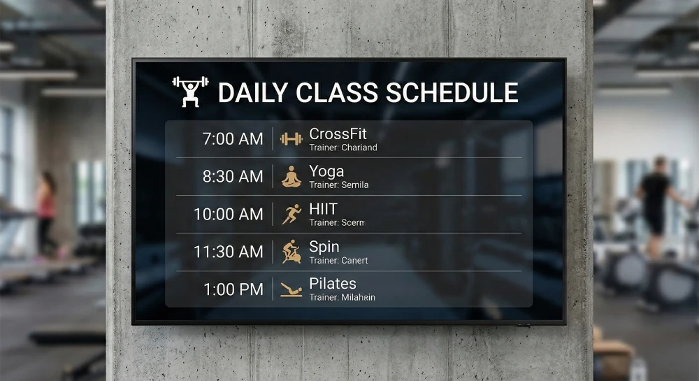 Fitness centrum s digitální tabulí rozvrhu